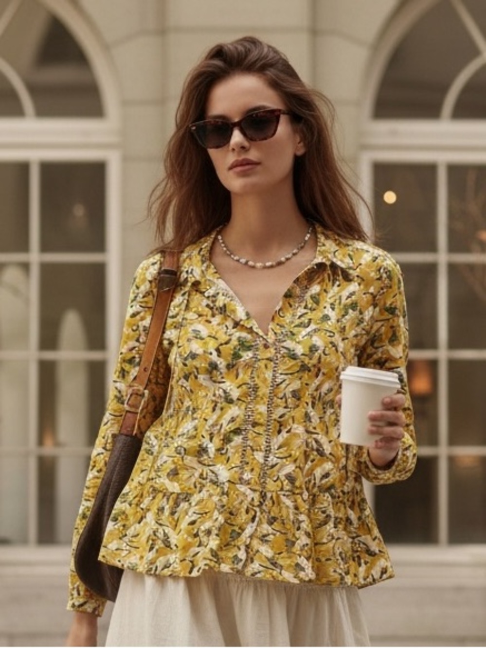 Maeve Anthropologie Yellow Floral Peplum Button-Front Long Sleeve Lace Inlet Top